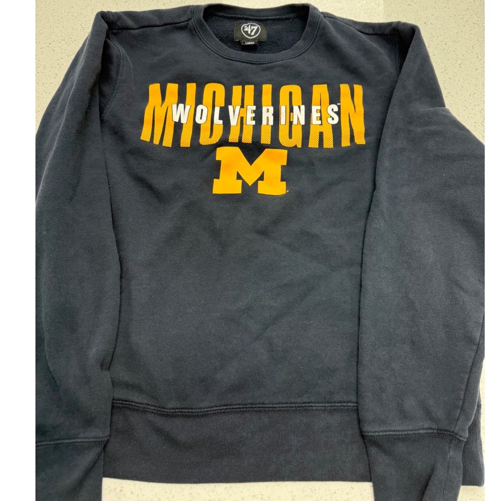 47 Brand Michigan Wolverines Mens Large Navy Blue Crewneck Sweatshirt Block M - Picture 2 of 5